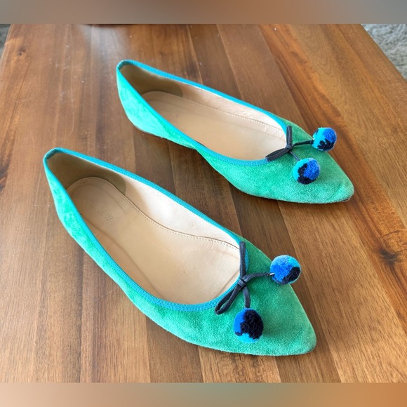 JCrew Green and Blue Leather Pom Pom Flats - Picture 5 of 11